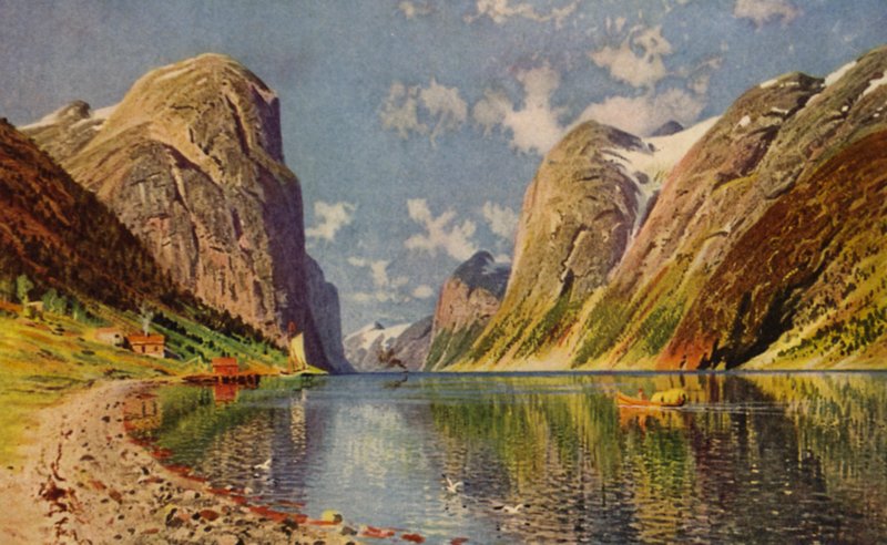 Sognefjorden på Norges kyst (farve litho) af American School