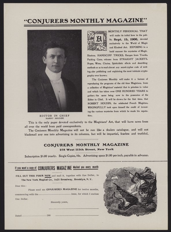 Abonnementsformular til Conjurers Monthly Magazine, chefredaktør Harry Houdini (litho) af American School
