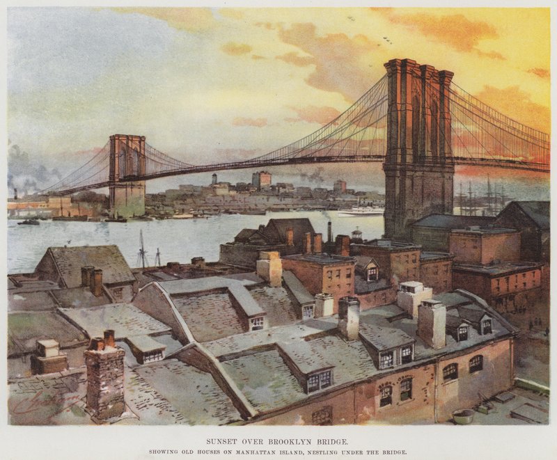 Solnedgang over Brooklyn Bridge af American School