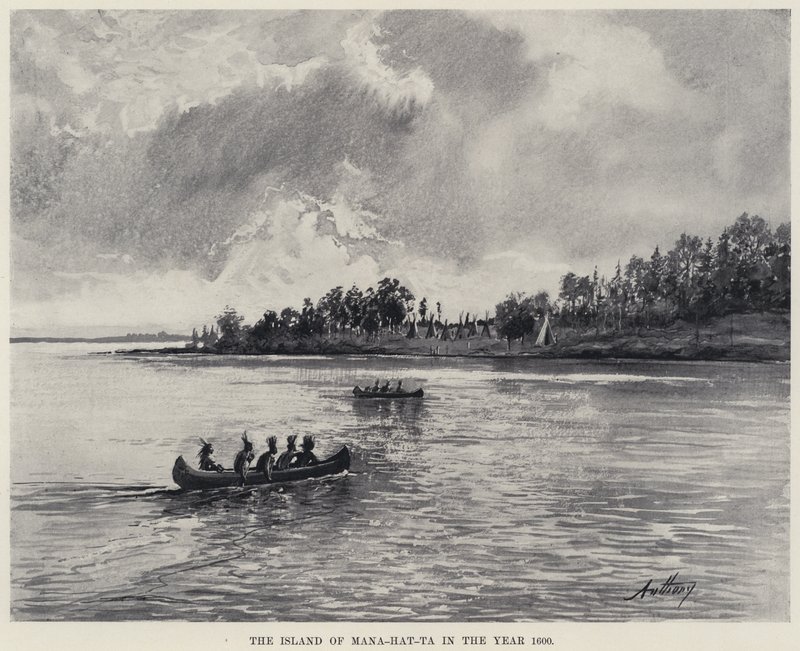Øen Mana-hat-ta i år 1600 (litho) af American School