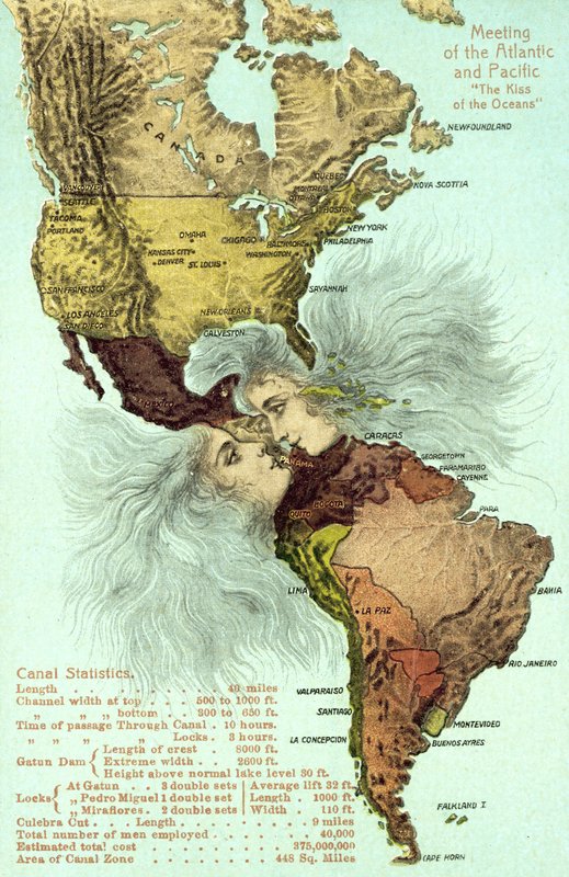 Panamakanalen, Stillehavet og Atlanterhavet kysser (farve litho) af American School