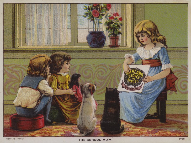 Skolefruen forklarer fordelene ved Garland Stoves And Ranges (chromolitho) af American School