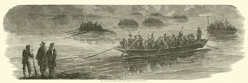 Fremrykning af Sedgwicks korps krydser Rappahannock, april 1863 af American School