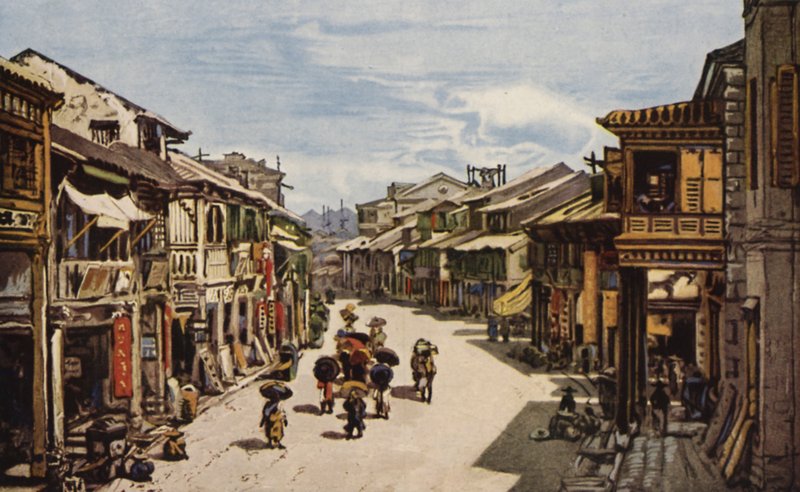 Det indfødte kvarter i Hong Kong (farve litho) af American School