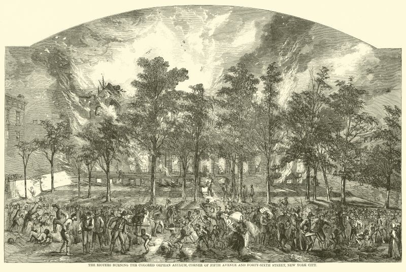 Utøjsmændene brænder det farvede forældreløse asyl, hjørnet af Fifth Avenue og Forty-Sixth Street, New York City, juli 1863 af American School