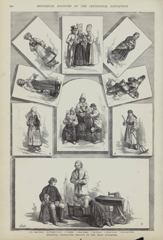 Traditionelle svenske kostumer, Centennial Exposition, Philadelphia, Pennsylvania, USA af American School