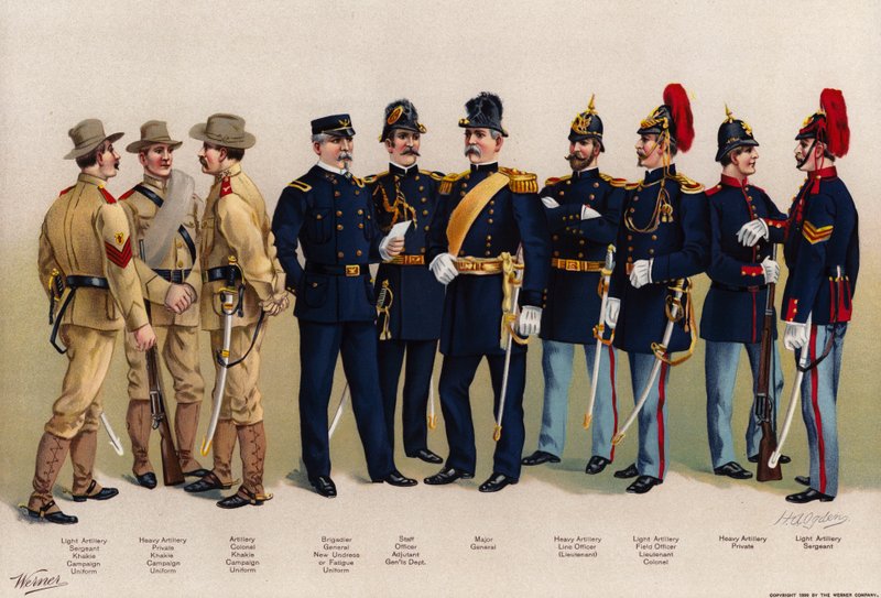 US Army, uniformer, 7 artilleri, 3 officerer figurer af American School