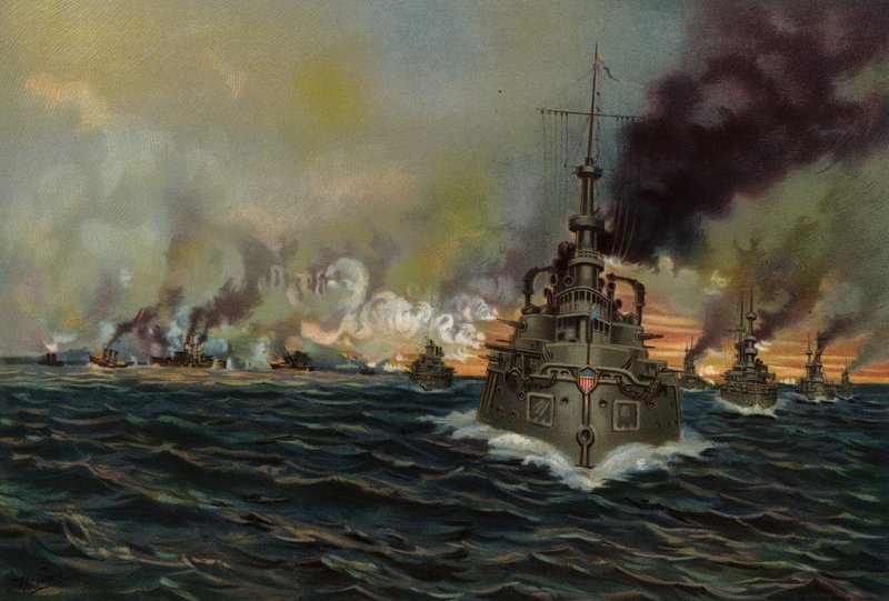 US Navy, søslag ved Santiago, 3. juli 1898 (farve litho) af American School