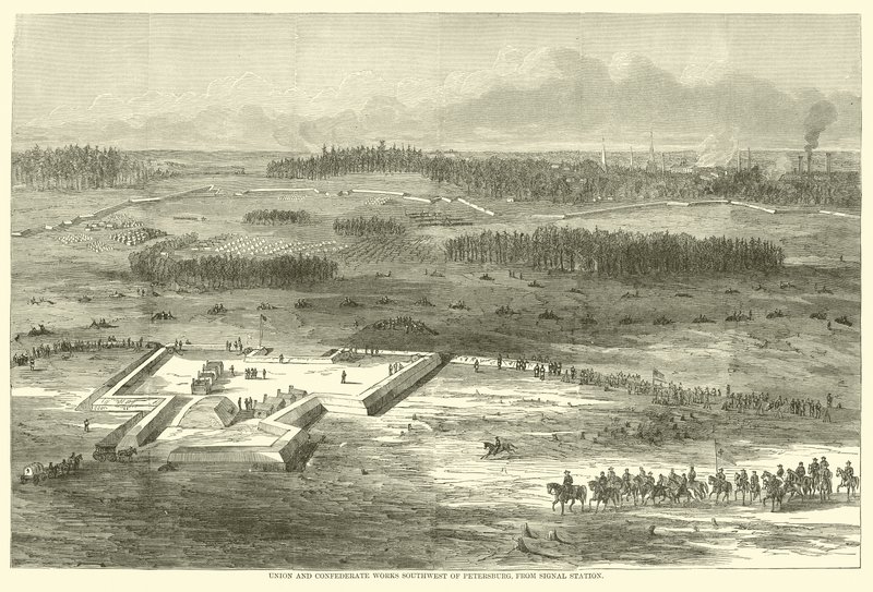 Union and Confederate arbejder sydvest for Petersborg, fra signalstationen, marts 1865 af American School