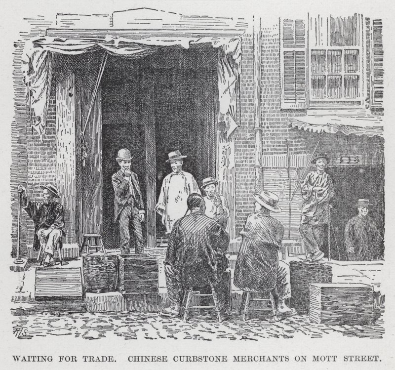Venter på handel, kinesiske kantstenshandlere på Mott Street (litho) af American School