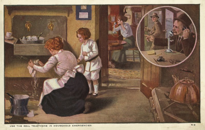 Kvinde ringer til en blikkenslager (farve litho) af American School