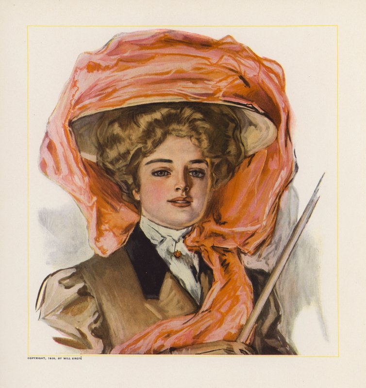 Ung kvinde med hat med orange organza-dekoration (farvelitografi) af American School
