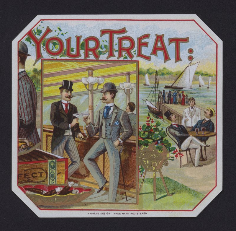 Din godbid, cigaretiket (chromolitho) af American School