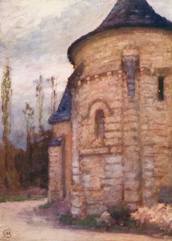 Cravant gamle kirke (farvelitografi) af Amy B. Atkinson