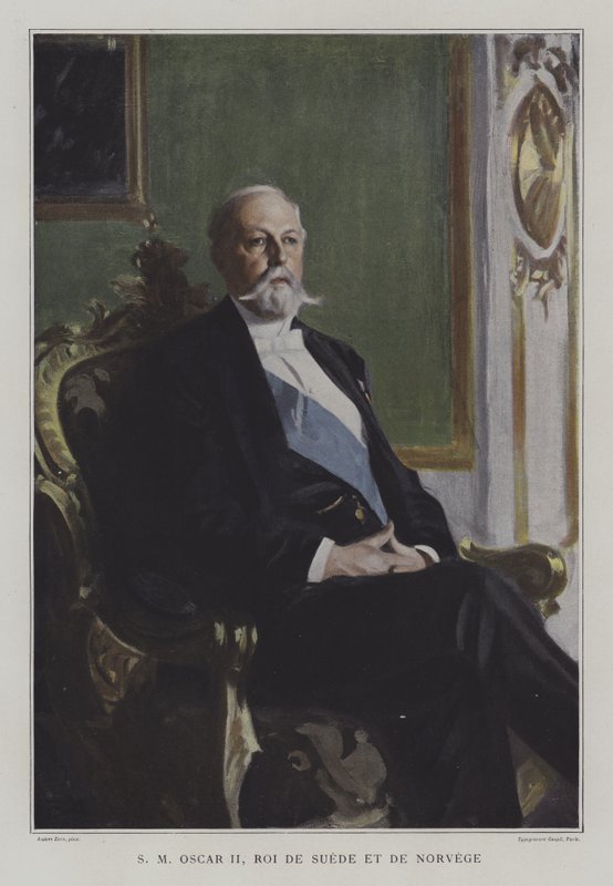 Oscar II, konge af Sverige og Norge (farve litho) af Anders Leonard (after) Zorn