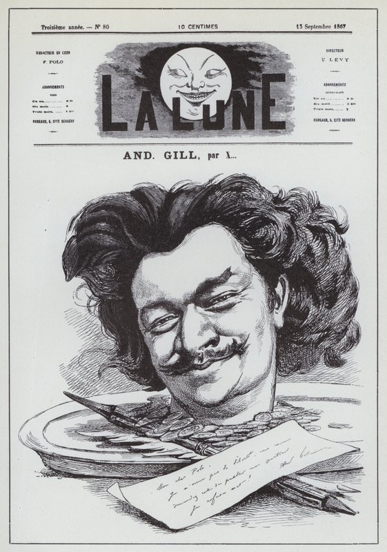 Selvportræt af den franske karikaturtegner Andre Gill (litho) af Andre Gill