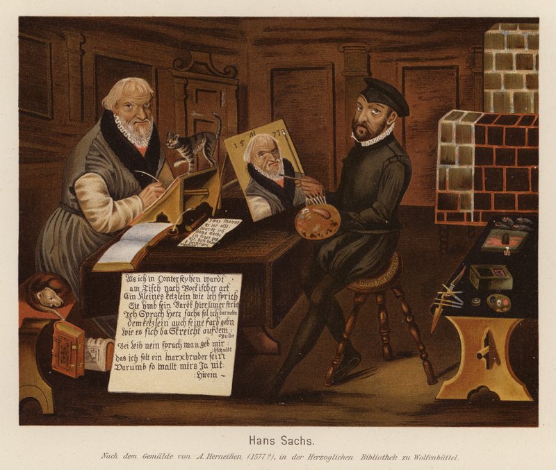 Hans Sachs, tysk mestersanger, digter og dramatiker (farvelitografi) af Andreas Herneisen