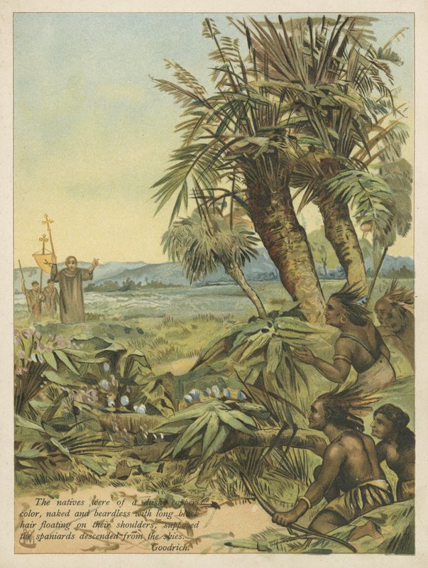 Indfødte i den nye verden ser på de nyligt ankomne spaniere (chromolitho) af Andrew Melrose