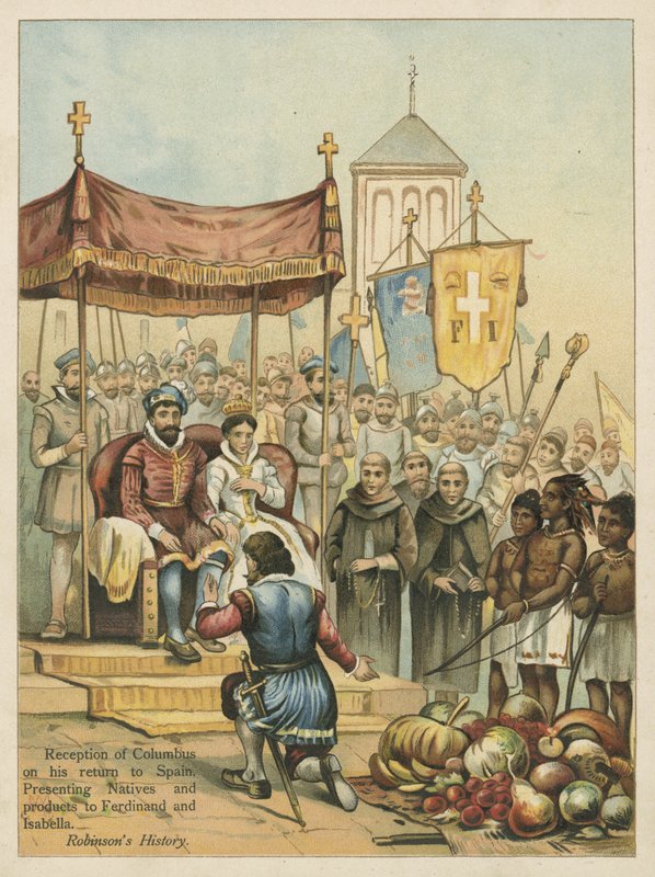 Modtagelse af Columbus ved hans hjemkomst fra Den Nye Verden (chromolitho) af Andrew Melrose