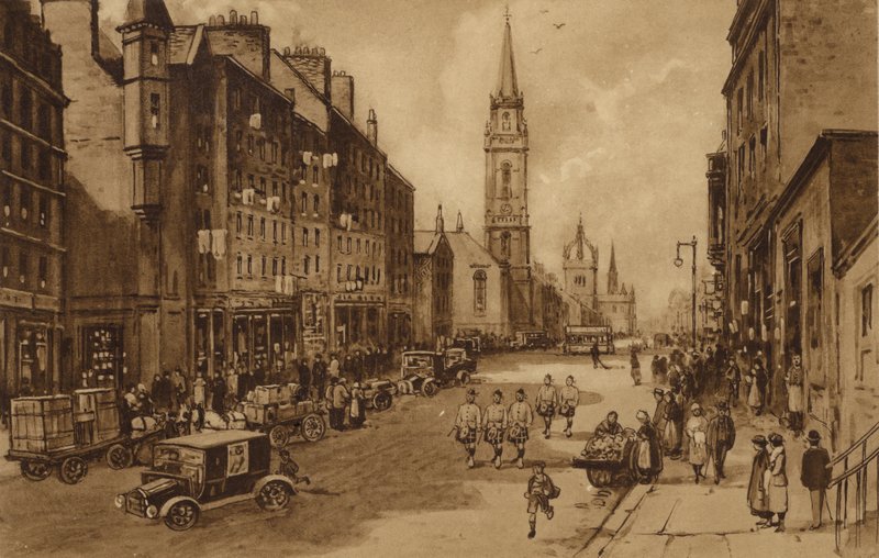 Edinburgh: High Street, der ser mod Tron Church og St Giles Cathedral (litho) af Andrew Allan