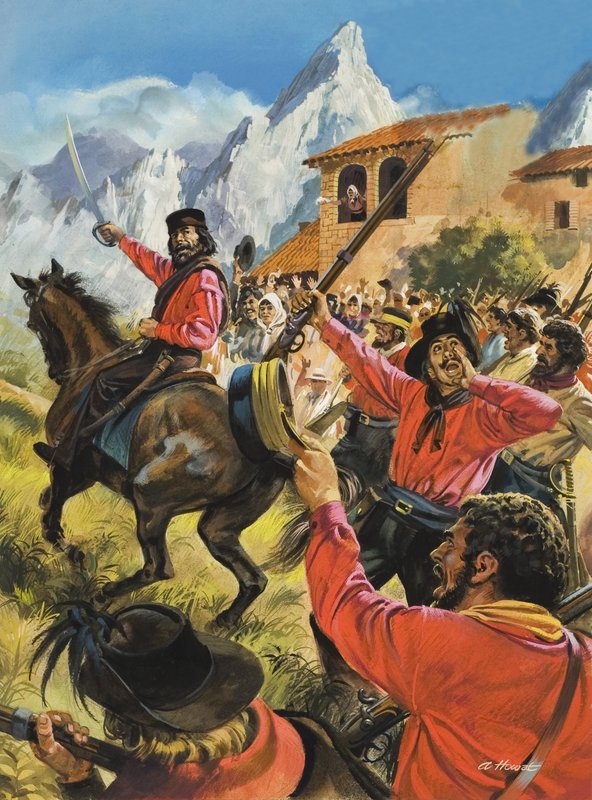 Guiseppe Garibaldi (1807-82) og hans hær i kamp med de neopolitanske kongelige tropper (gouache på papir) af Andrew Howat
