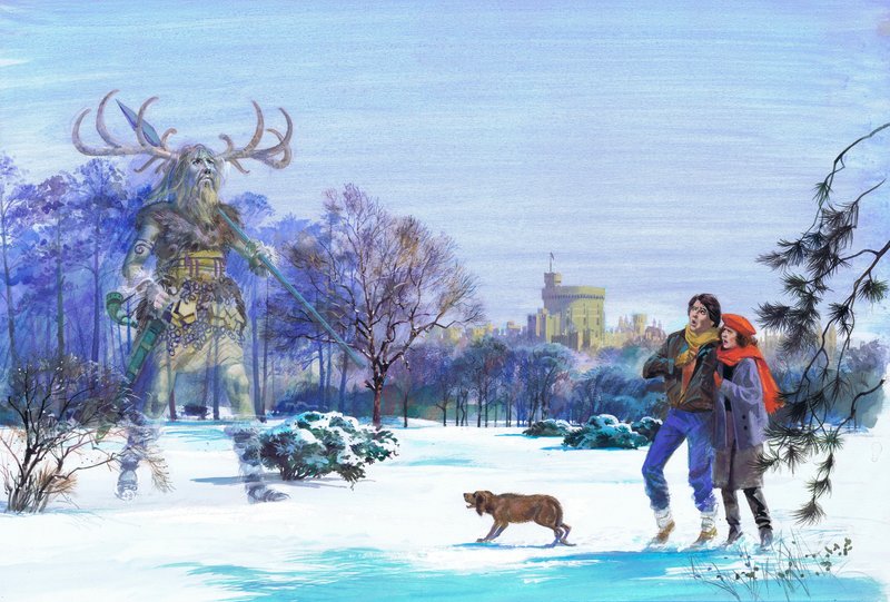 Jægeren Herne dukker op i Windsor Great Park (gouache på papir) af Andrew Howat
