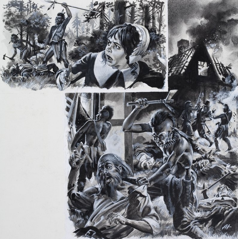 Indianske angreb på indvandrede nybyggere (gouache på papir) af Andrew Howat