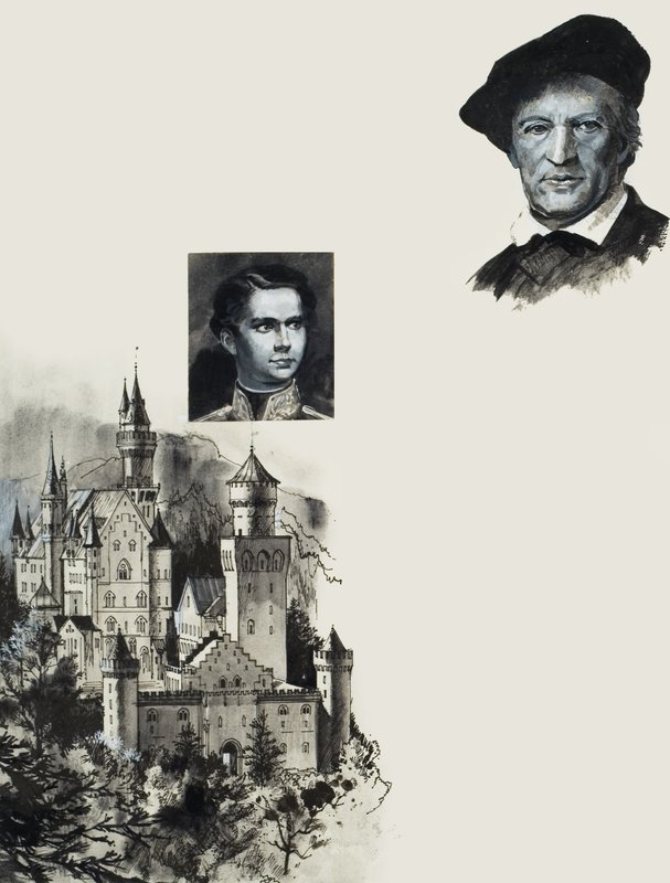 Ludwig II af Bayern og hans slot Neuschwanstein (gouache på papir) af Andrew Howat
