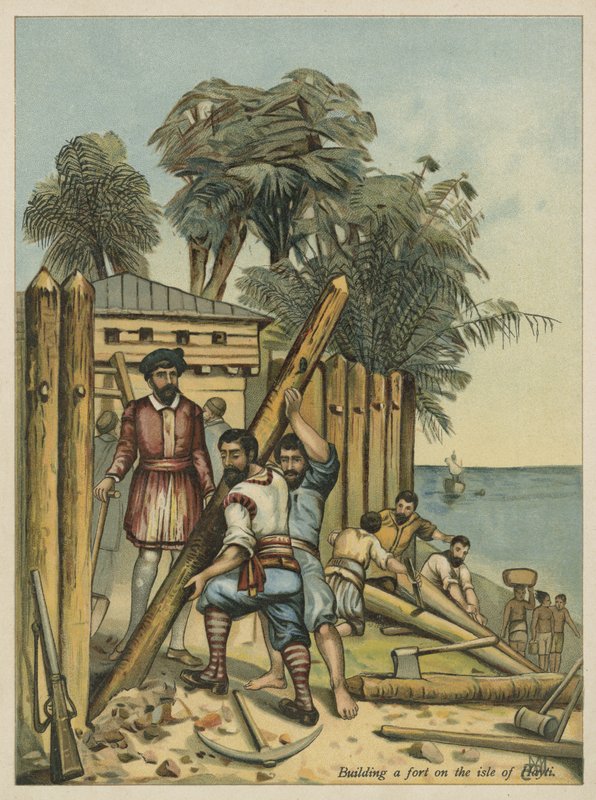 Columbus bygger et fort i Haiti (chromolitho) af Andrew Melrose