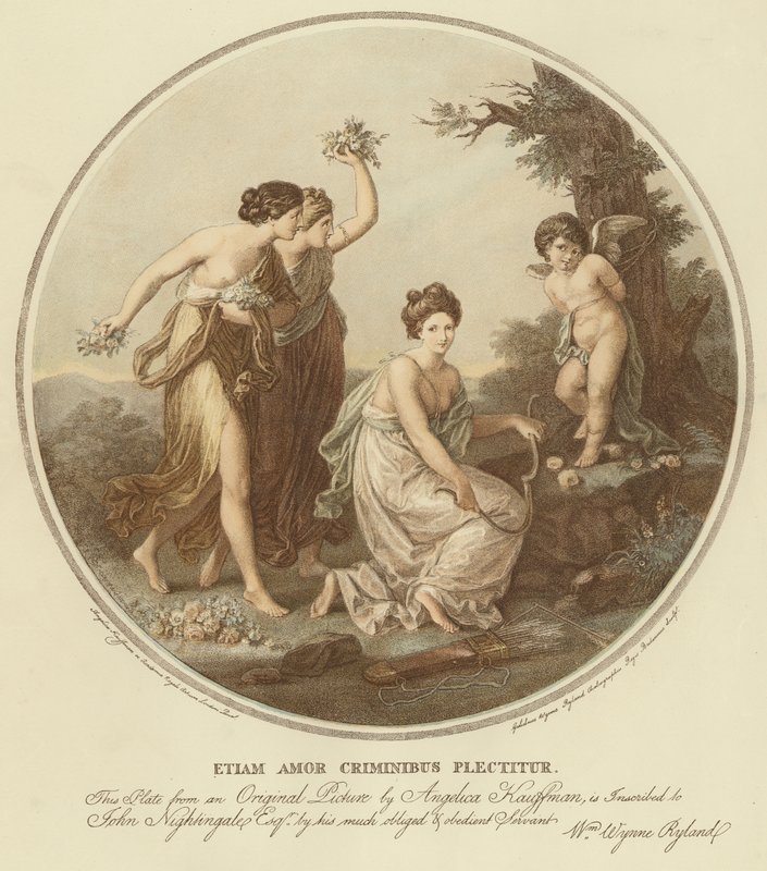 To nymfer håner amor, der er bundet til et træ (farve litho) af Angelica (after) Kauffmann