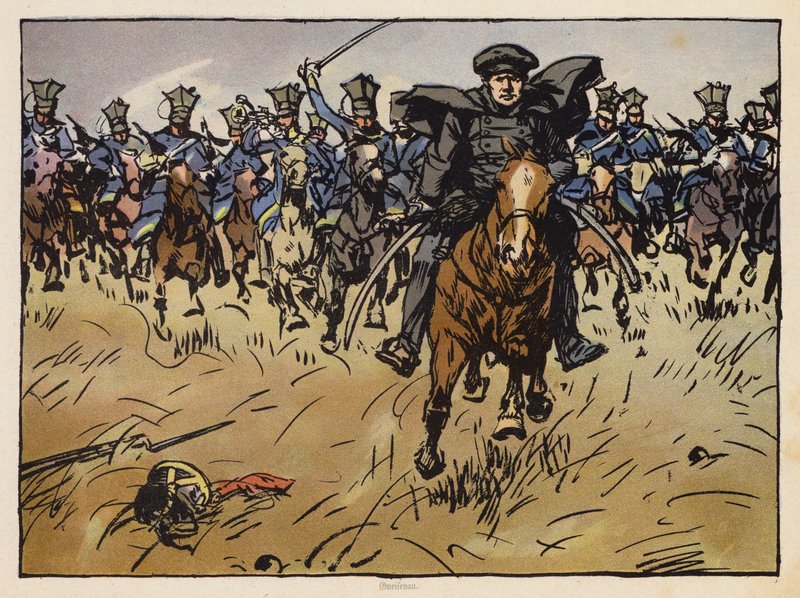 Den preussiske feltmarskal Gneisenau i spidsen for et kavaleriangreb (chromolitho) af Angelo Jank
