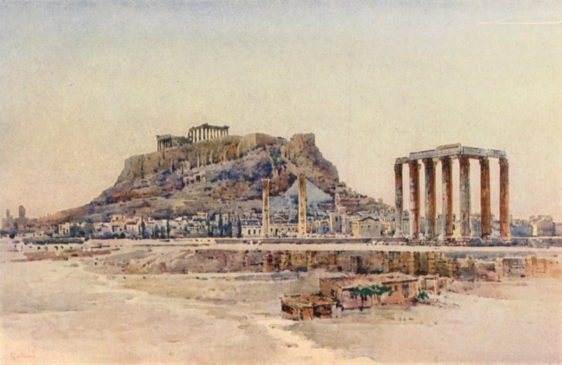 Akropolis, Athen, Grækenland (farve litho) af Angelos Giallinos