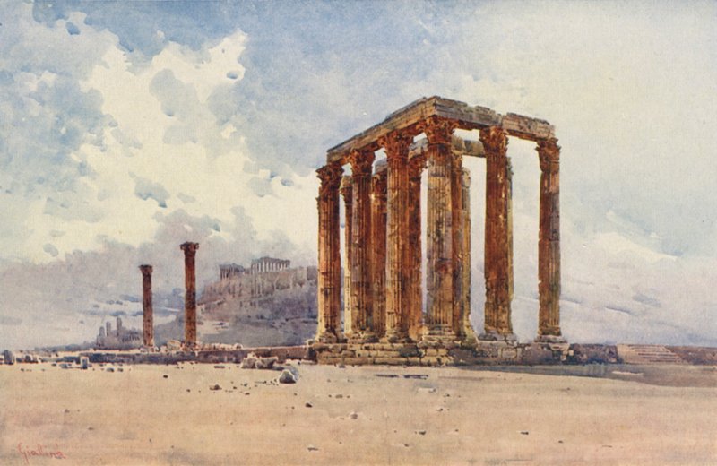 Søjler af den olympiske Zeus, Athen (farve litho) af Angelos Giallinos