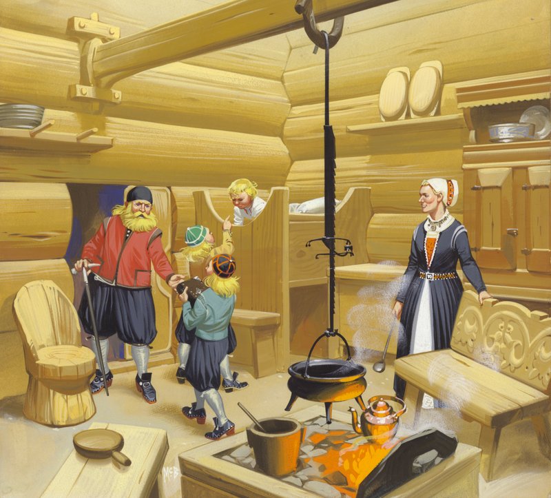 Norsk hjem fra det 17. århundrede (gouache på papir) af Angus McBride
