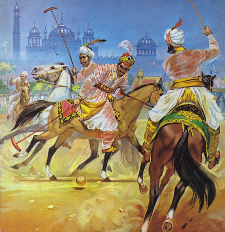 En Moghul-kejser, der spiller polo (farvelitografi) af Angus McBride