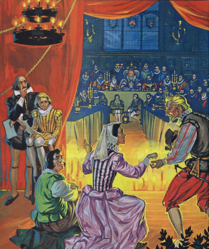 En opførelse af Twelfth Night foran dronning Elizabeth I, mens Shakespeare lytter bag forhænget (farvelitografi) af Angus McBride