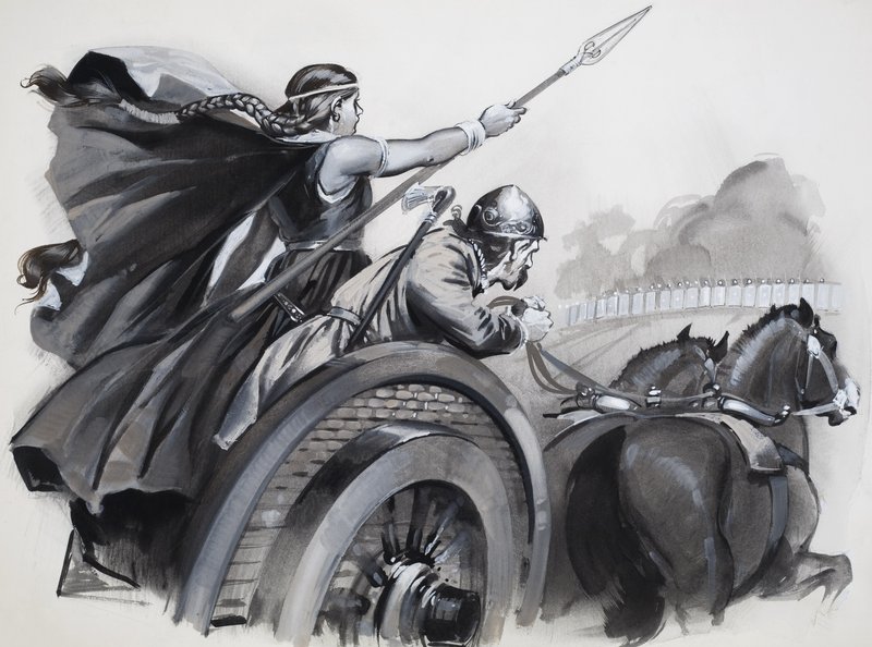 Boadicea opildner briternes raseri mod deres romerske overherrer (gouache på papir) af Angus McBride