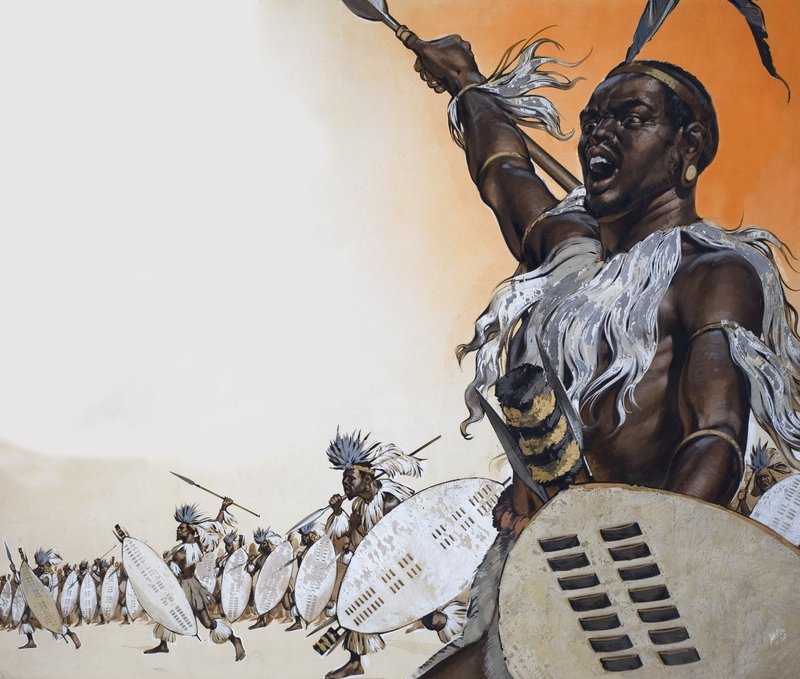 Chaka i kamp i spidsen for regimentet Tulwana impi (gouache på papir) af Angus McBride