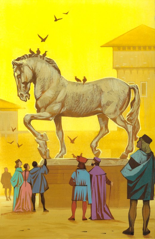 Lerstatue af en hest konstrueret af Leonardo Da Vinci (gouache på papir) af Angus McBride