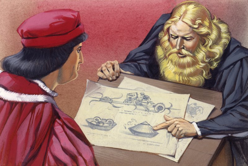 Leonardo Da Vinci forklarer mulige krigsmaskiner til Ludovico Sforza (gouache på papir) af Angus McBride