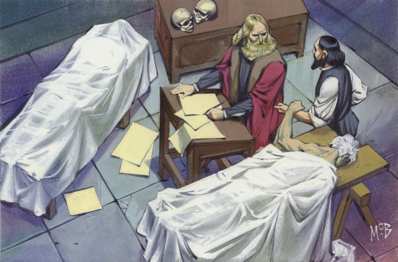 Leonardo Da Vinci undersøger menneskets anatomi ved hjælp af ligene af mænd, der er døde på hospitalet (gouache på papir) af Angus McBride