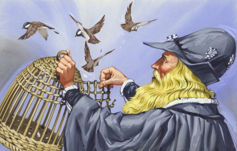 Leonardo Da Vinci, som købte fugle i bur for at slippe dem fri (gouache på papir) af Angus McBride