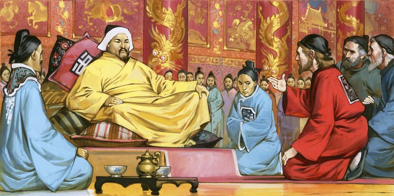Marco Polo ved Kublai Khans hof, 20. århundrede (gouache på papir) af Angus McBride