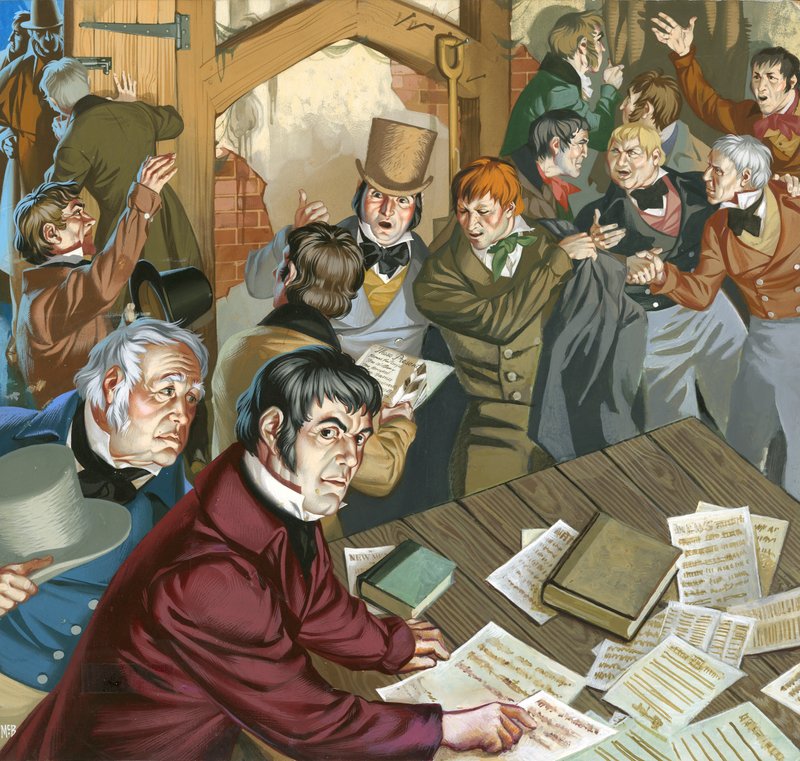 Meeting of Chartists (gouache på papir) af Angus McBride