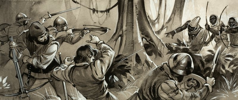 Portugisiske sømænd angrebet af fjendtlige stammer i Nordafrika (gouache på papir) af Angus McBride