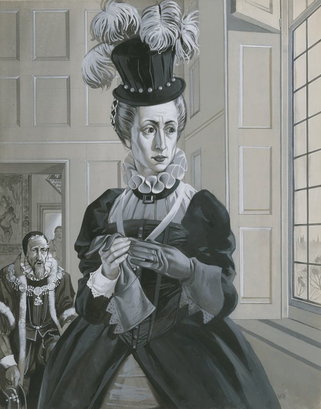 Dronning Elizabeth I, da hun hører nyheden om henrettelsen af Mary Queen of Scots (gouache på papir) af Angus McBride