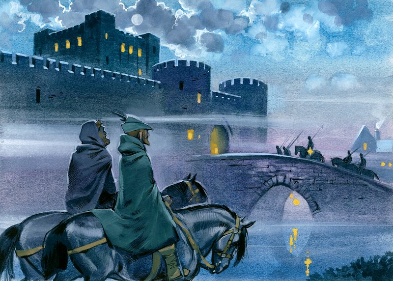 Robin Hood uden for slottet i Nottingham af Angus McBride