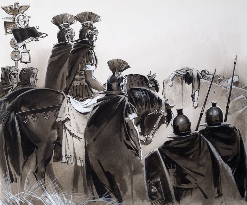 Romerske soldater efter et slag (gouache på papir) af Angus McBride