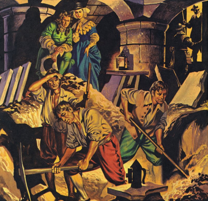 Samuel Pepys leder efter en skat af penge, der angiveligt er gemt i Tower of London (farvelitografi) af Angus McBride