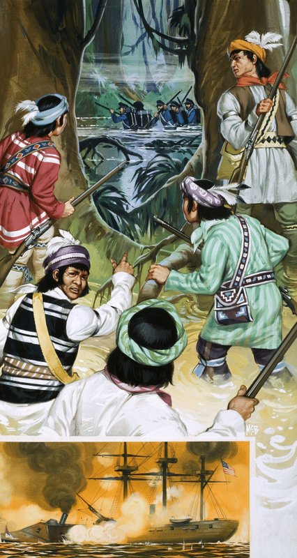 Seminole-indianerne kæmper mod de amerikanske soldater i sumpene af Angus McBride